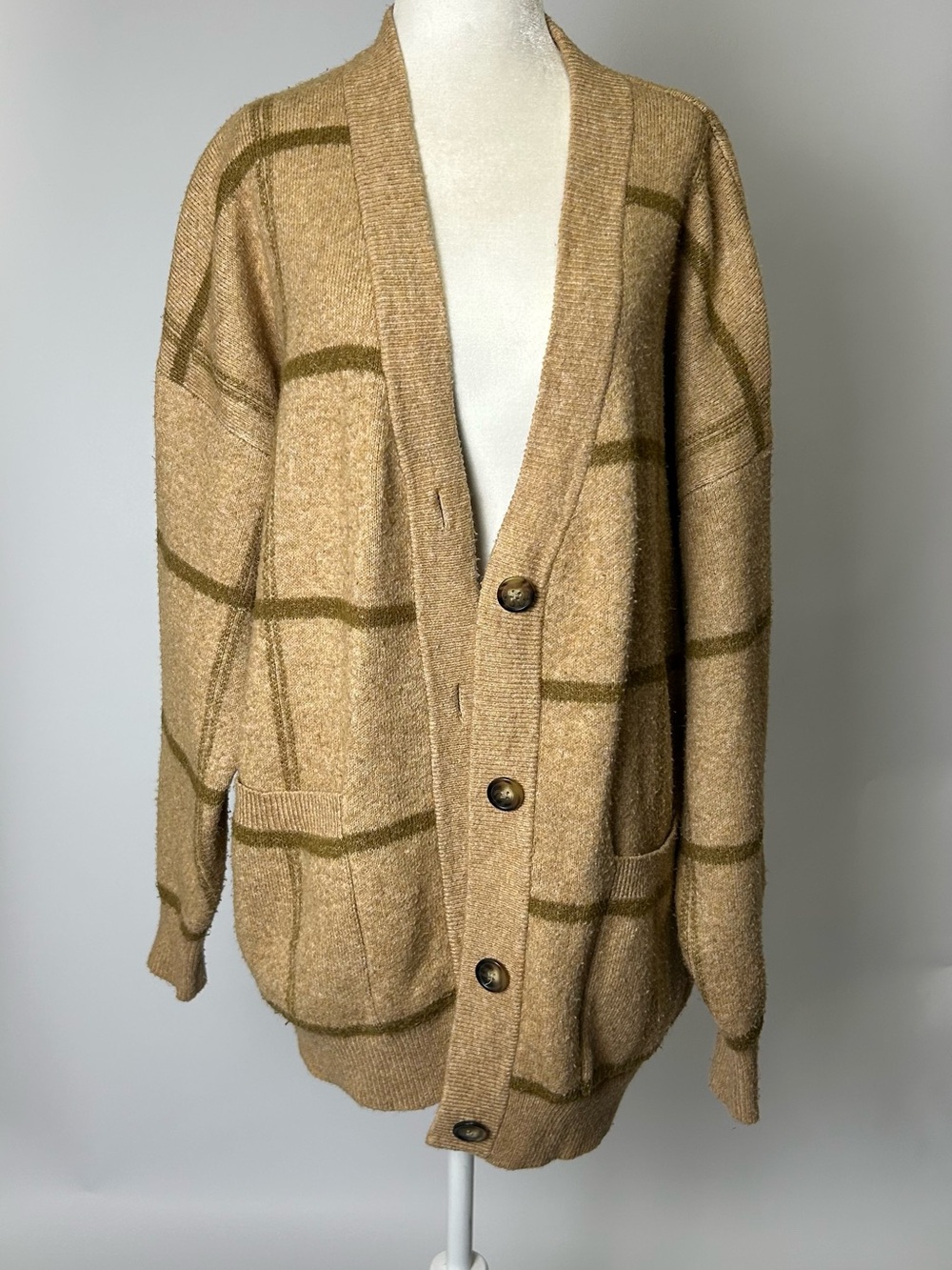 Women’s Camel Plaid Button-Up Cardigan Sweater